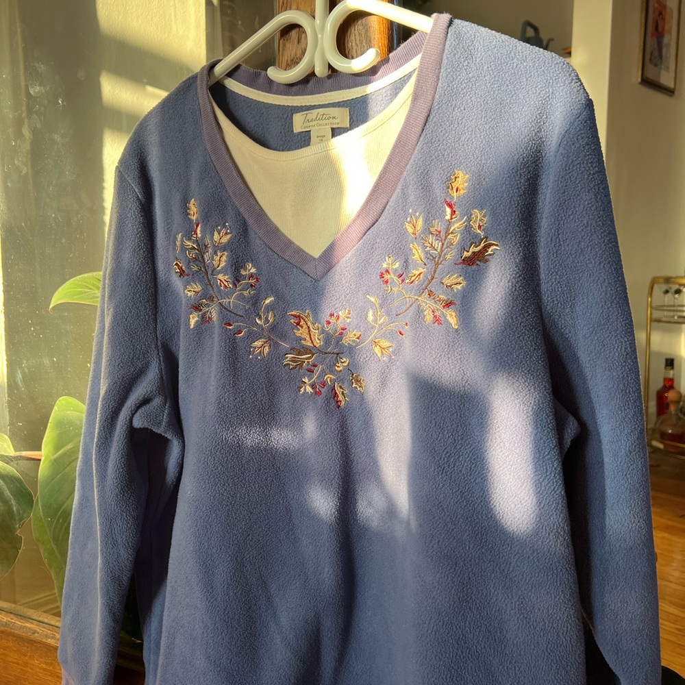 Blue Embroidered V-Neck Sweater
